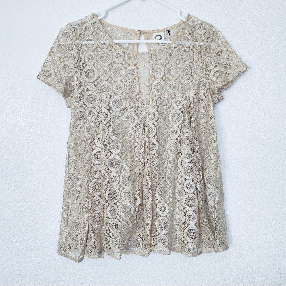 🍓 Anthropologie Akemi + Kin Lyra Metallic Shinny Sheer Lace Pleated Top Small
